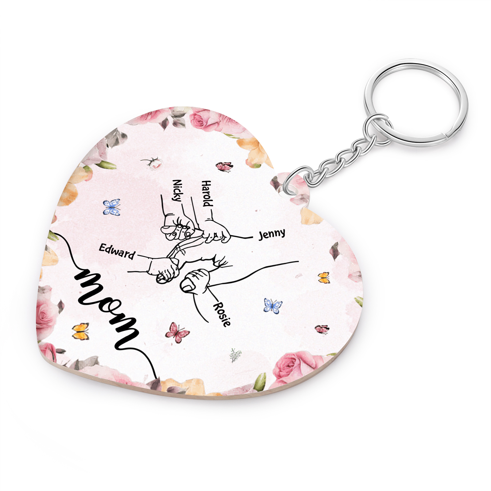5 Names - Personalized Keychain Customized 5 Names and 1 Text Hand in Hand Keychain Gift for Mum/Nana