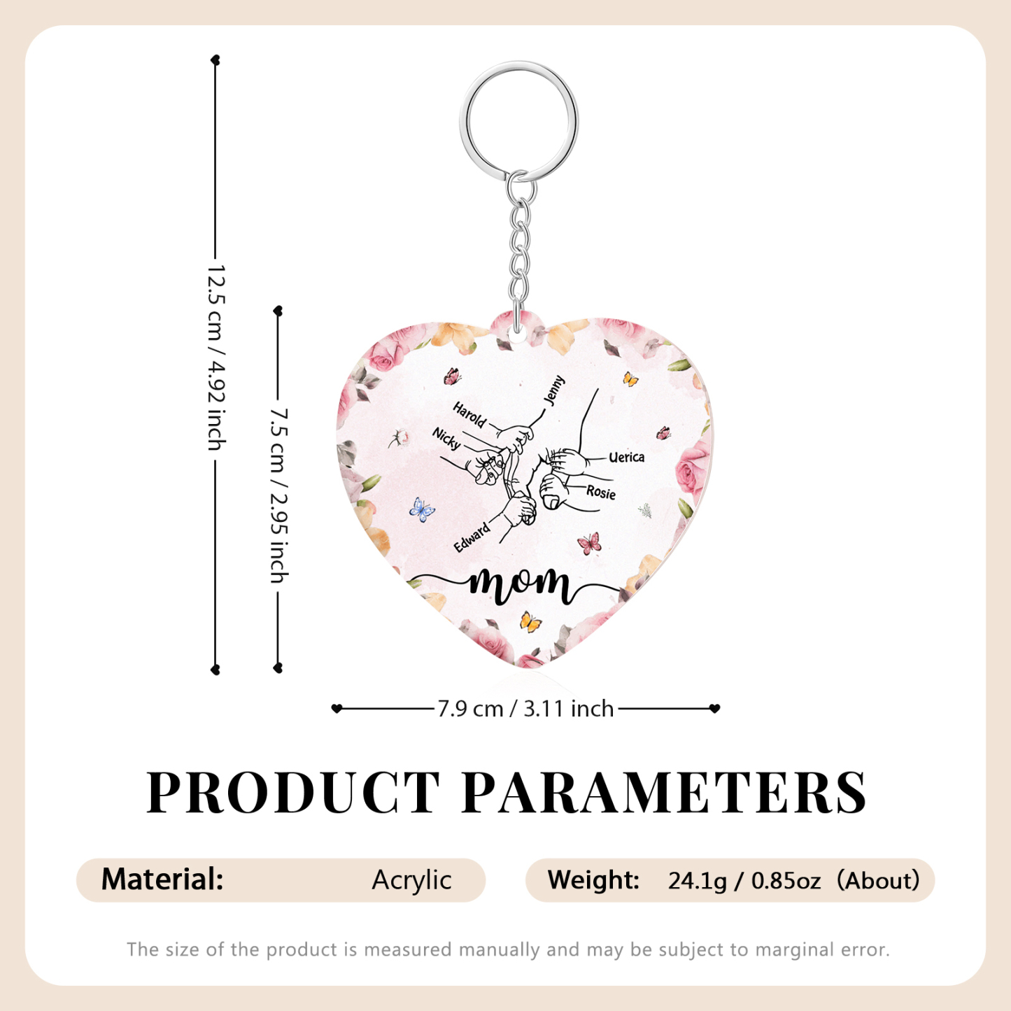 6 Names - Personalized Keychain Customized 6 Names and 1 Text Hand in Hand Keychain Gift for Mum/Nana