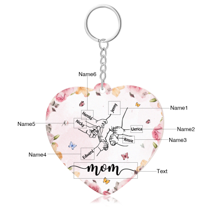6 Names - Personalized Keychain Customized 6 Names and 1 Text Hand in Hand Keychain Gift for Mum/Nana