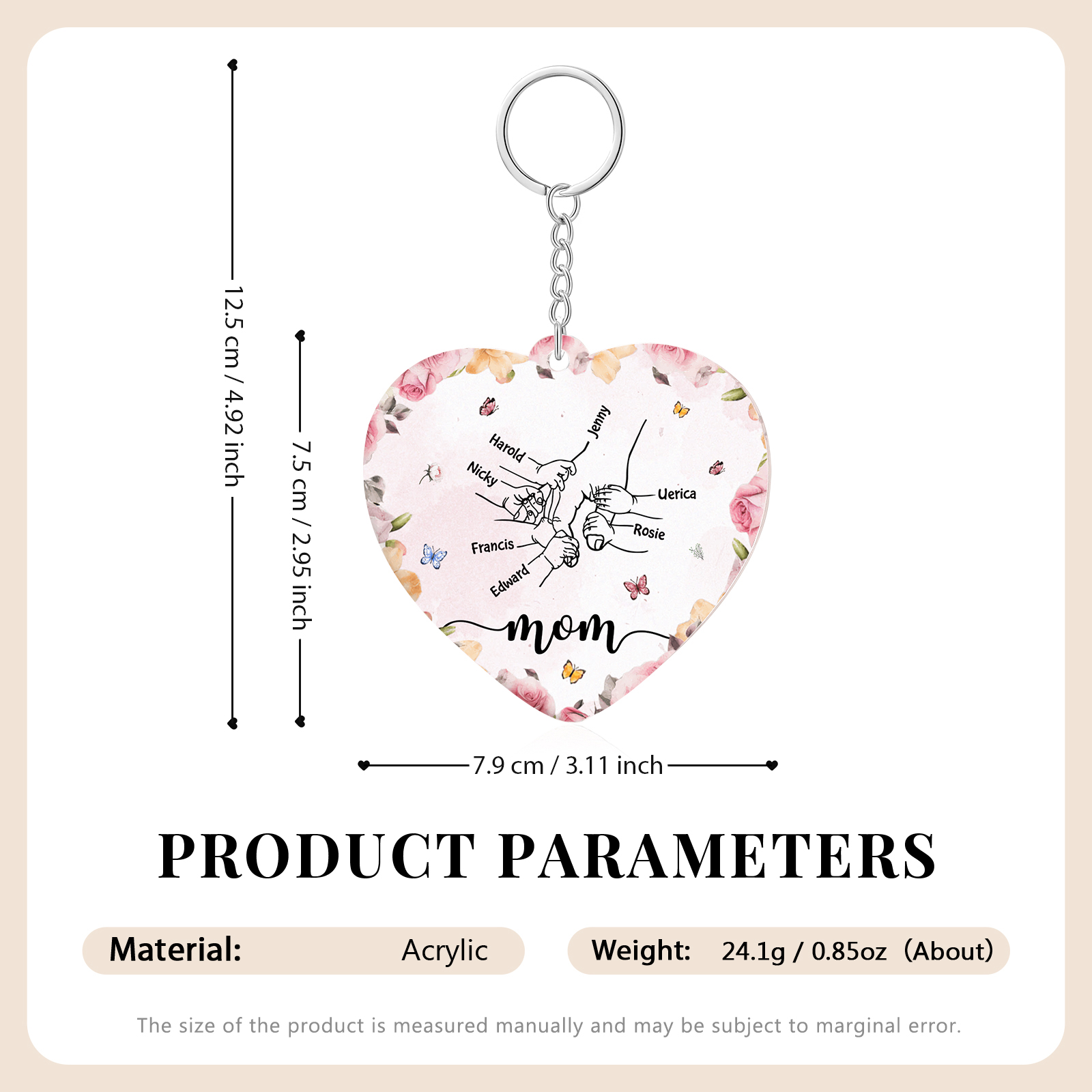 7 Names - Personalized Keychain Customized 7 Names and 1 Text Hand in Hand Keychain Gift for Mum/Nana