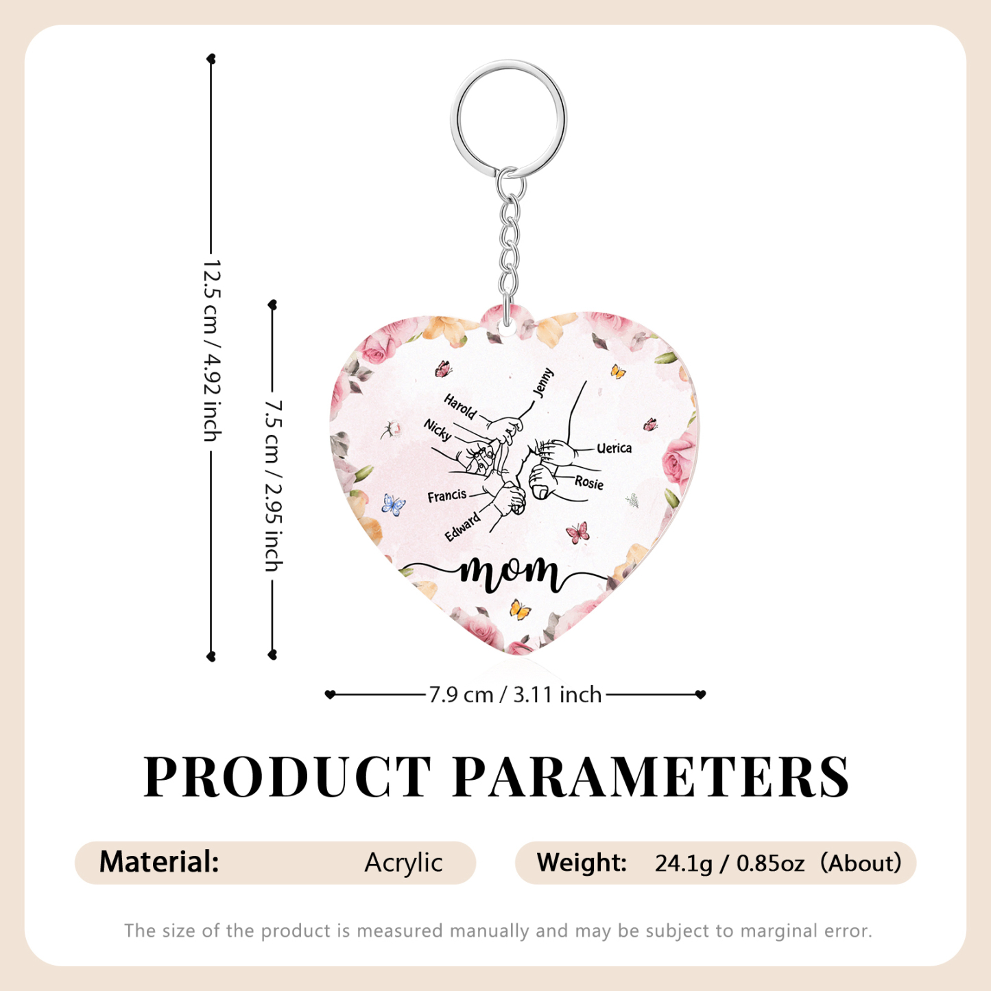 7 Names - Personalized Keychain Customized 7 Names and 1 Text Hand in Hand Keychain Gift for Mum/Nana