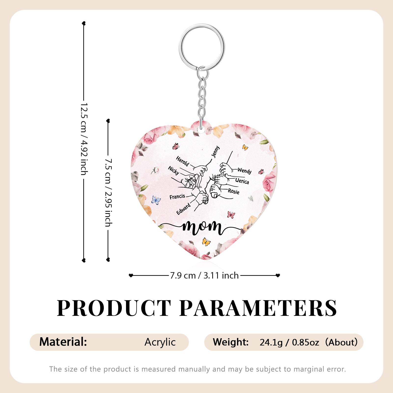 8 Names - Personalized Keychain Customized 8 Names and 1 Text Hand in Hand Keychain Gift for Mum/Nana