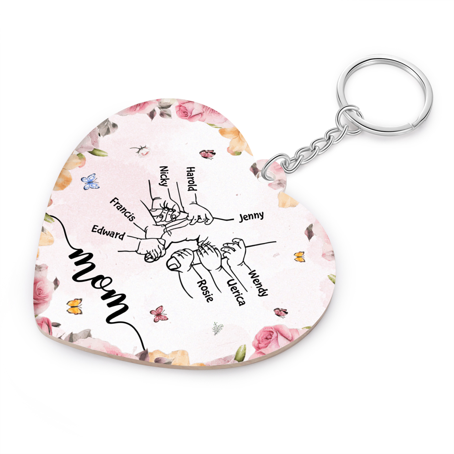 8 Names - Personalized Keychain Customized 8 Names and 1 Text Hand in Hand Keychain Gift for Mum/Nana