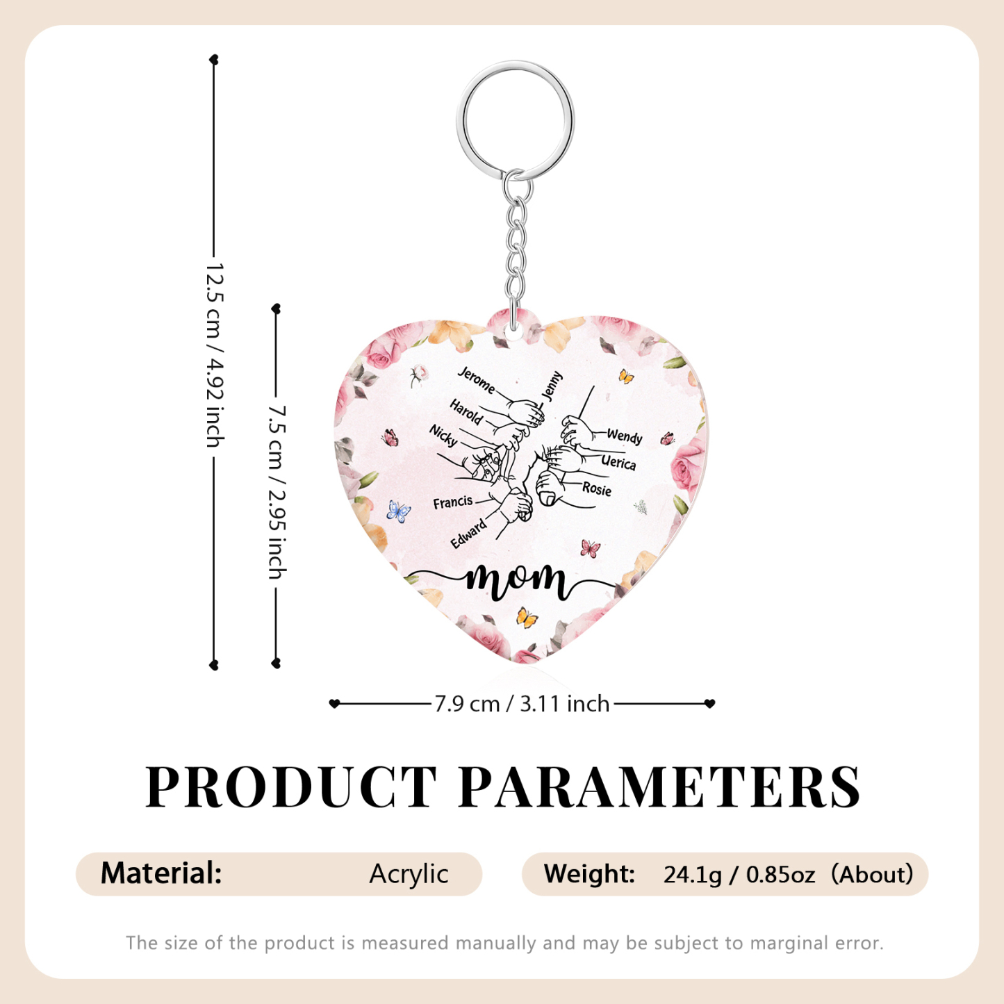 9 Names - Personalized Keychain Customized 9 Names and 1 Text Hand in Hand Keychain Gift for Mum/Nana