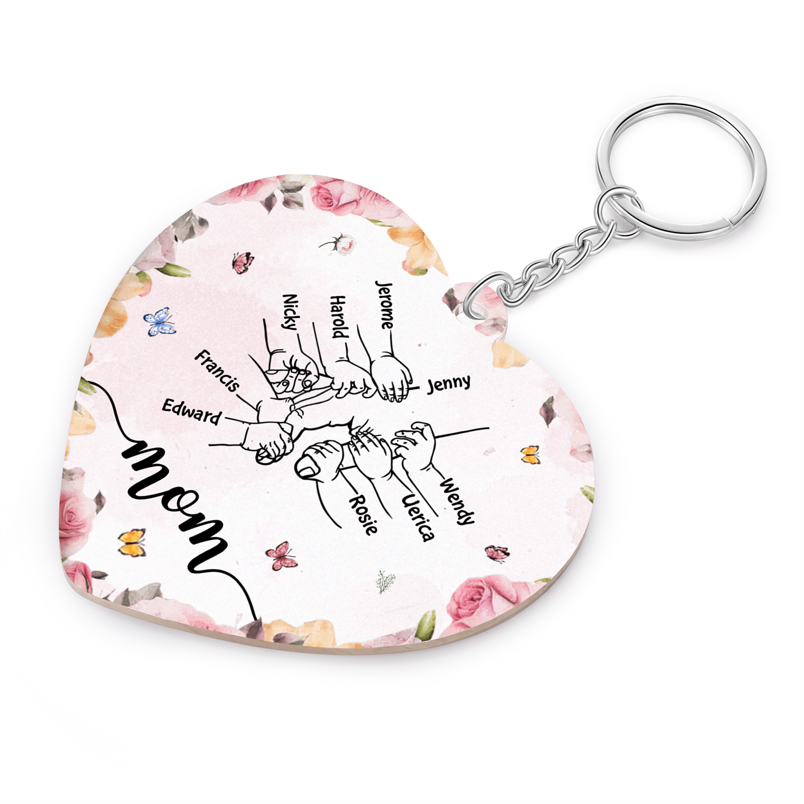 9 Names - Personalized Keychain Customized 9 Names and 1 Text Hand in Hand Keychain Gift for Mum/Nana