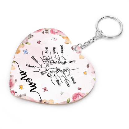 9 Names - Personalized Keychain Customized 9 Names and 1 Text Hand in Hand Keychain Gift for Mum/Nana