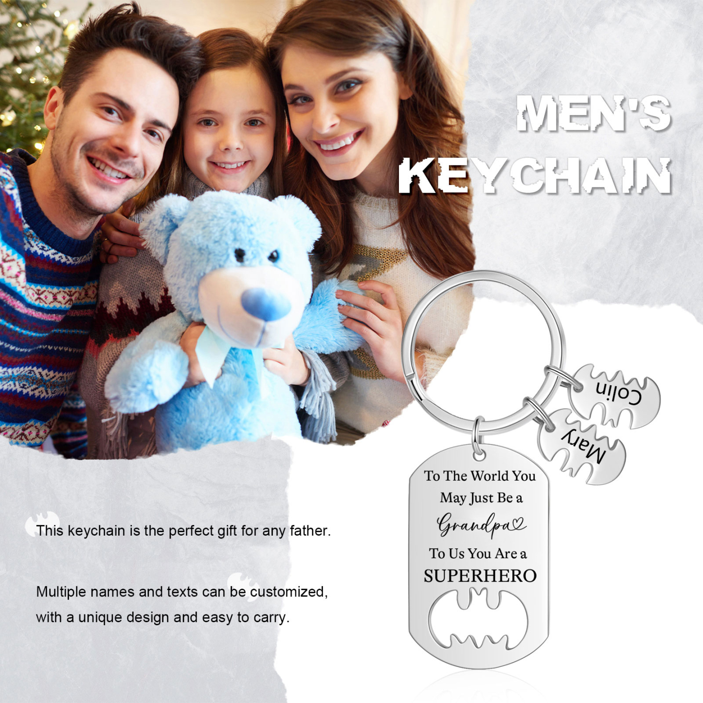 2 Names - Personalized Keychain Custom 2 Names Stainless Steel Keychain for Grandpa