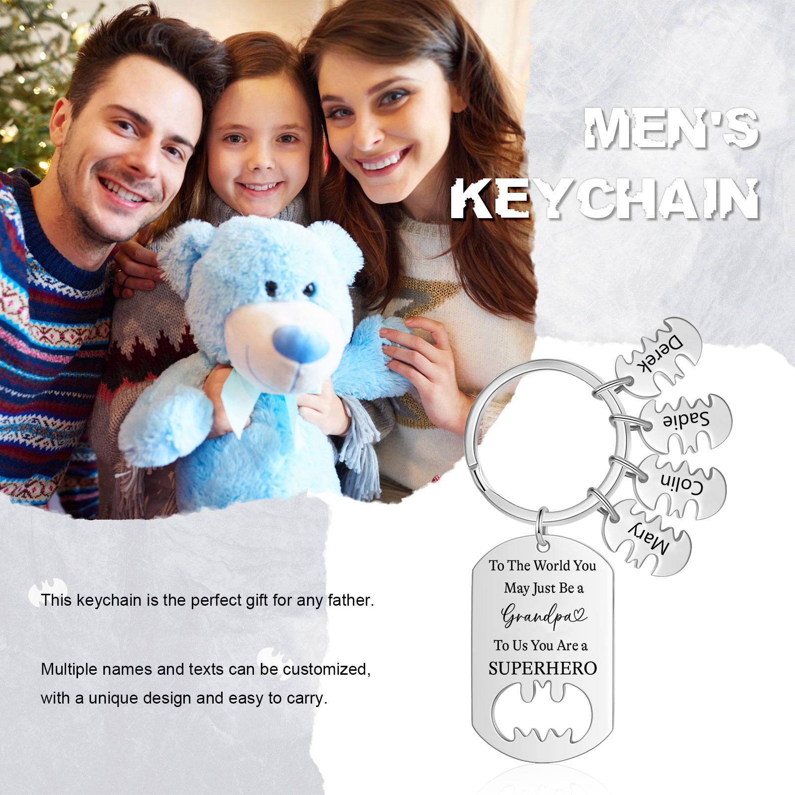 4 Names - Personalized Keychain Custom 4 Names Stainless Steel Keychain for Grandpa