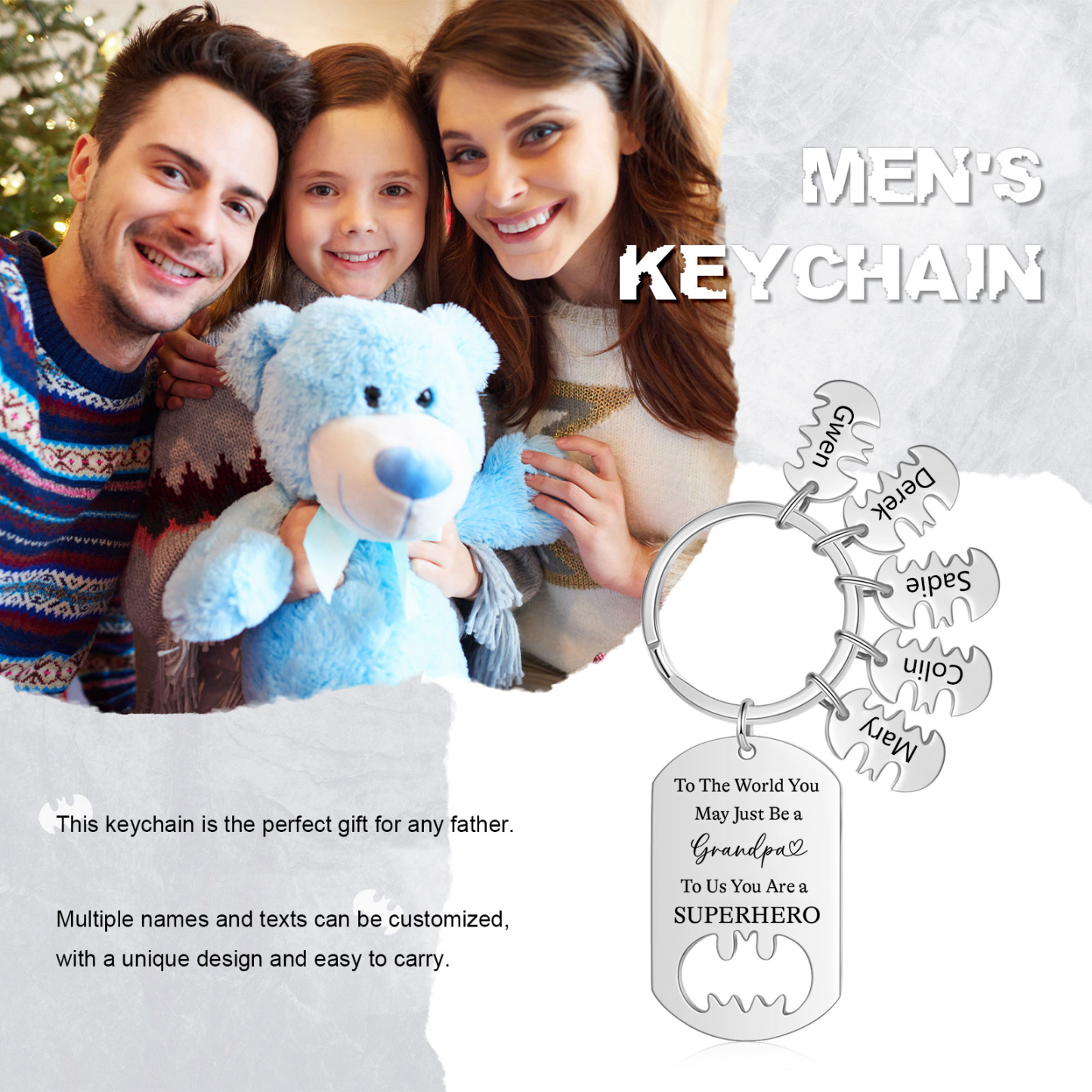 5 Names - Personalized Keychain Custom 5 Names Stainless Steel Keychain for Grandpa