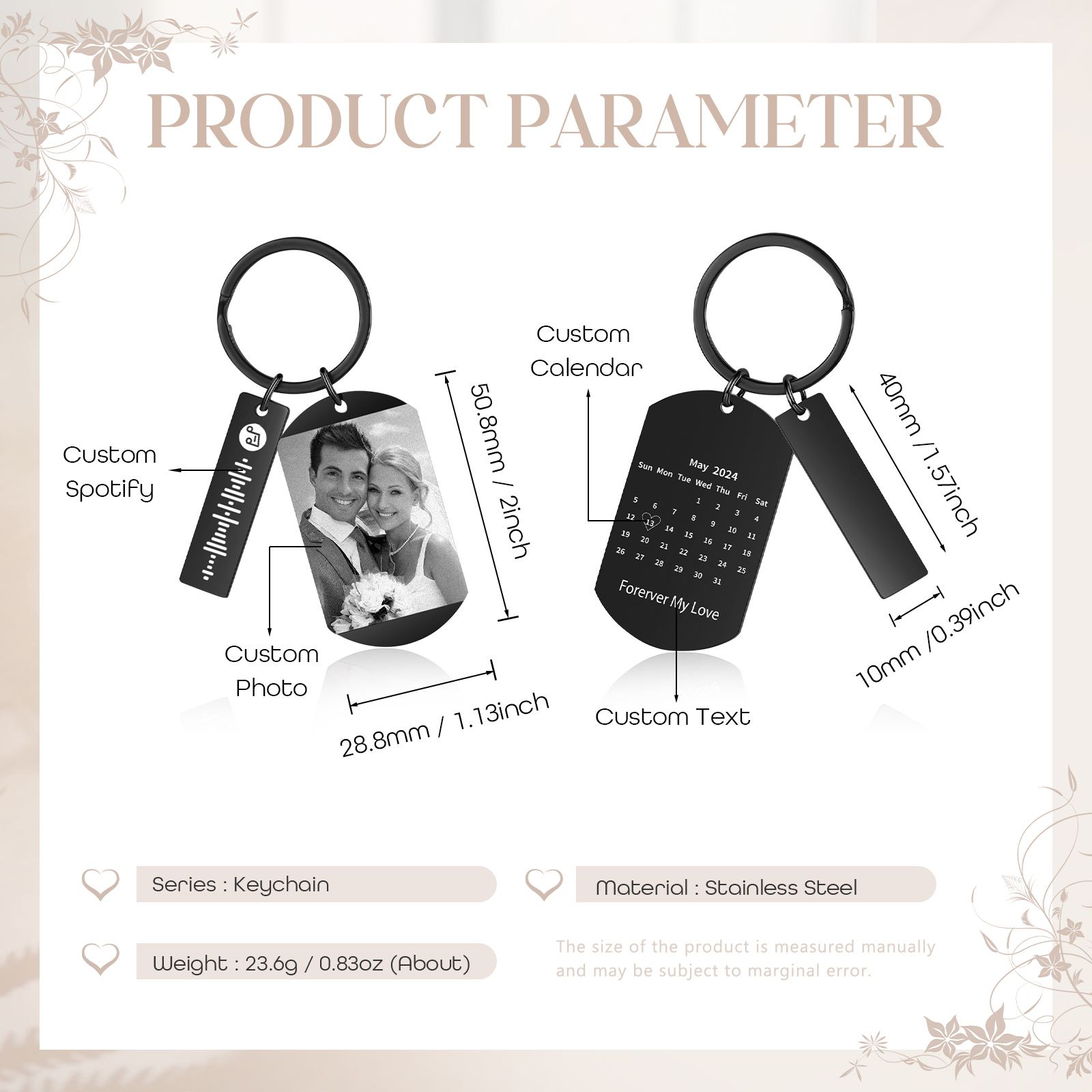 Personalised Custom Photo Keychain with Spotify Code and Calendar for Him | Jessmade