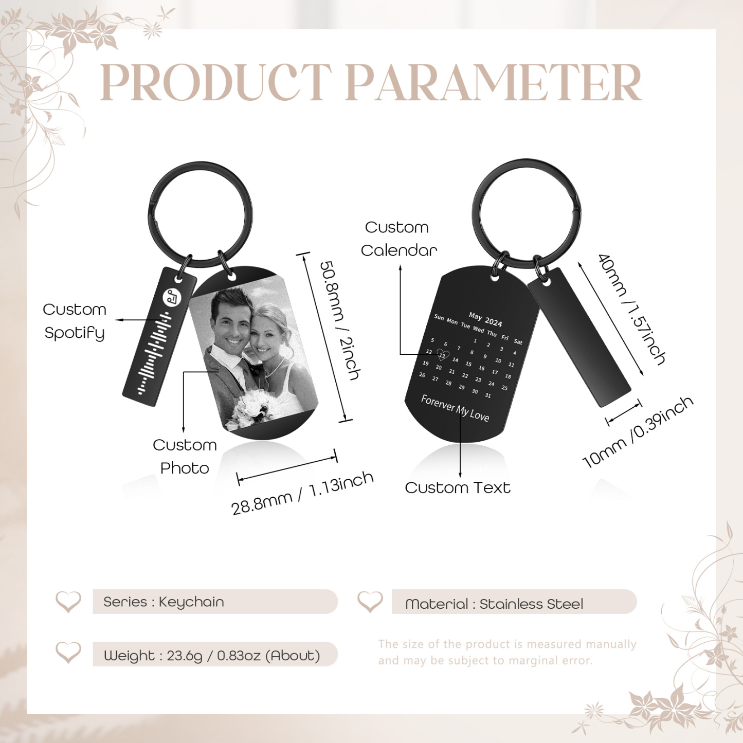 Personalised Custom Photo Keychain with Spotify Code and Calendar for Him | Jessmade