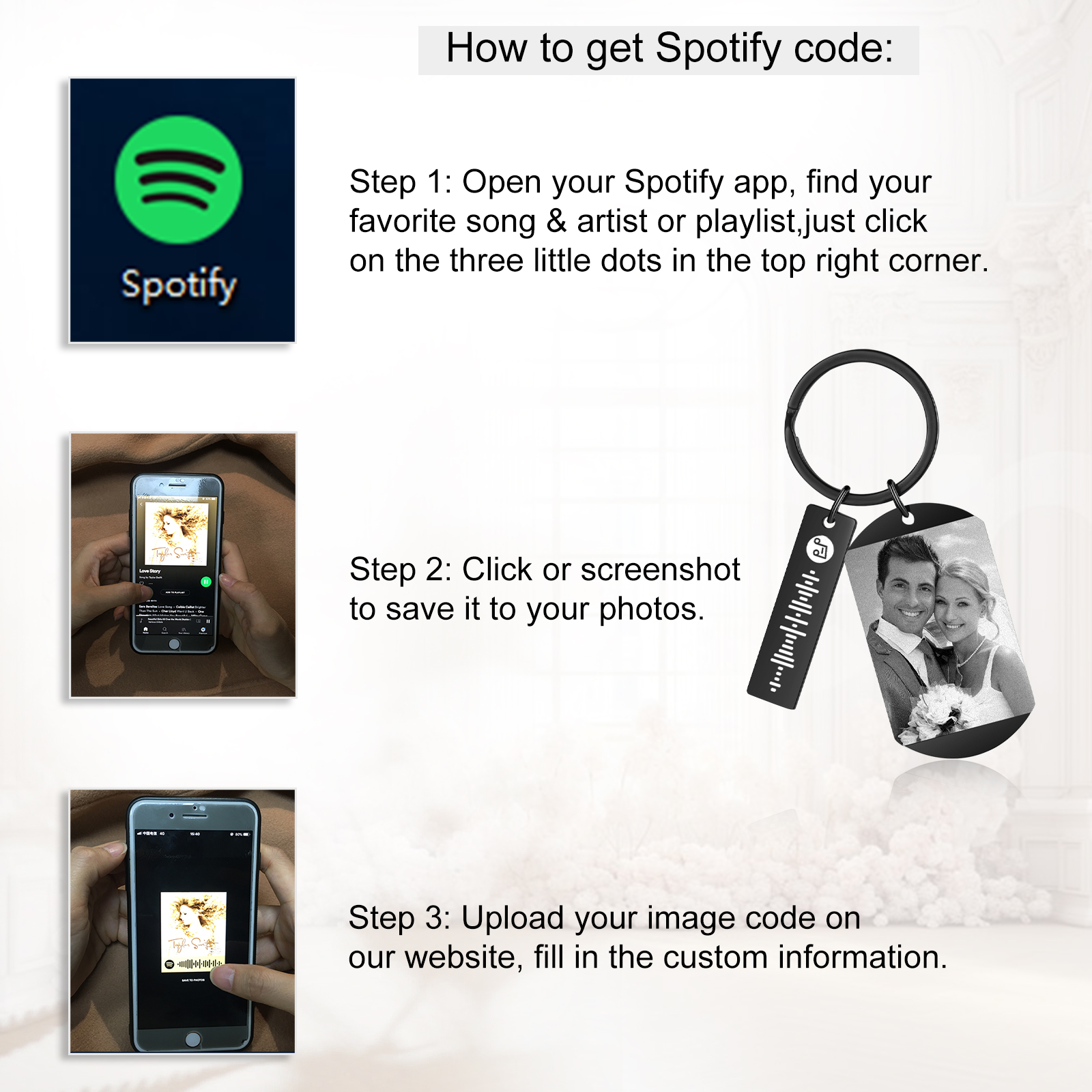 Personalised Custom Photo Keychain with Spotify Code and Calendar for Him | Jessmade
