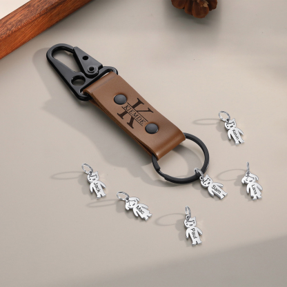 5 Names - Personalised Kids Charms Keychain Customized 5 Names & 1 Letter Leather Keychain Gift for Grandad