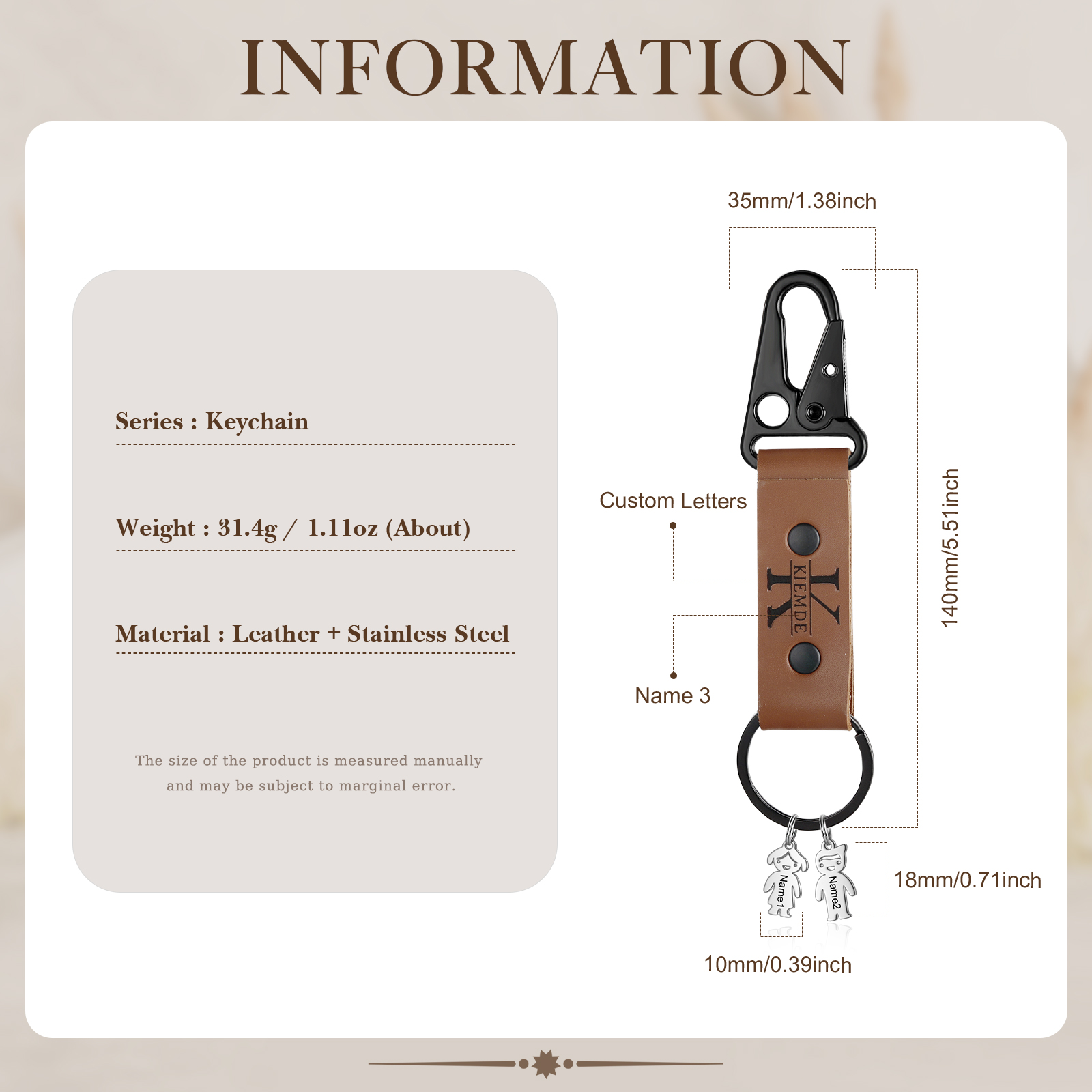3 Names - Personalised Kids Charms Keychain Customized 3 Names & 1 Letter Leather Keychain Gift for Grandad