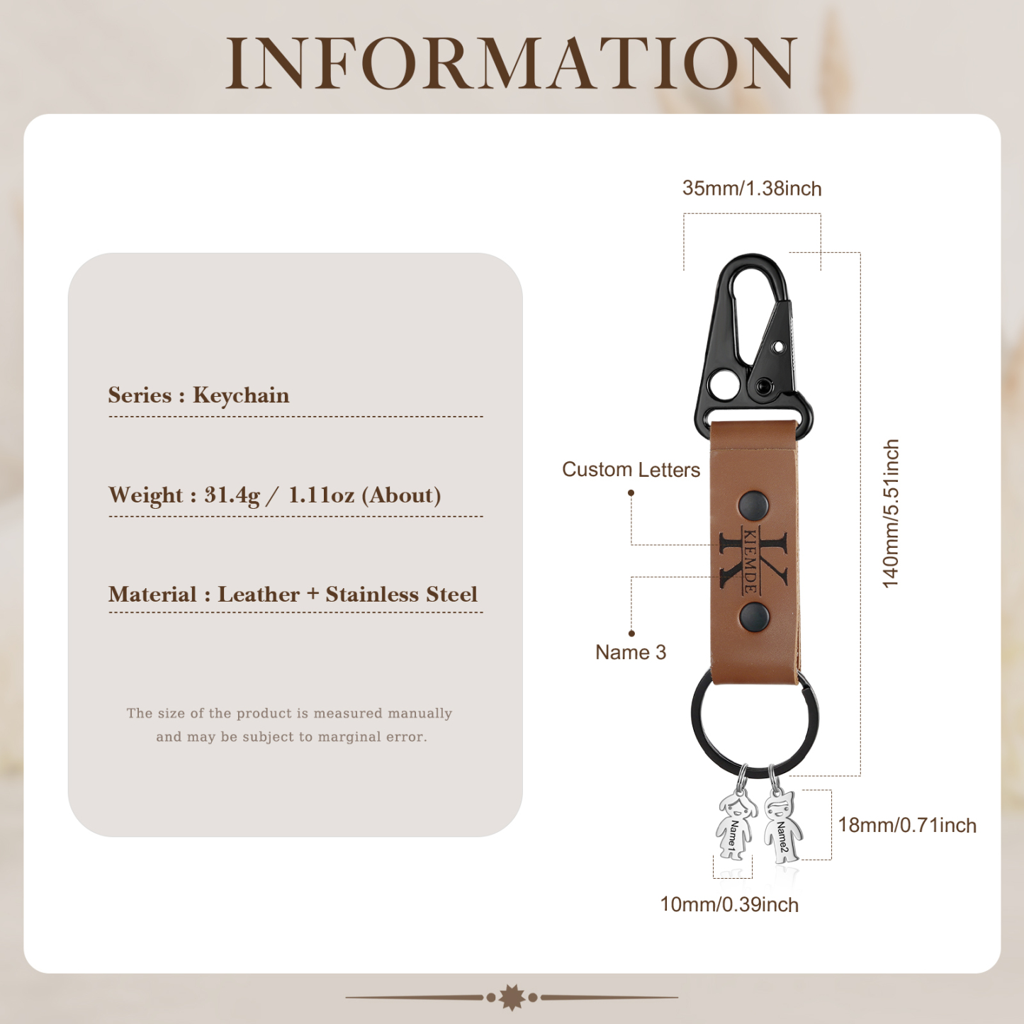 3 Names - Personalised Kids Charms Keychain Customized 3 Names & 1 Letter Leather Keychain Gift for Grandad