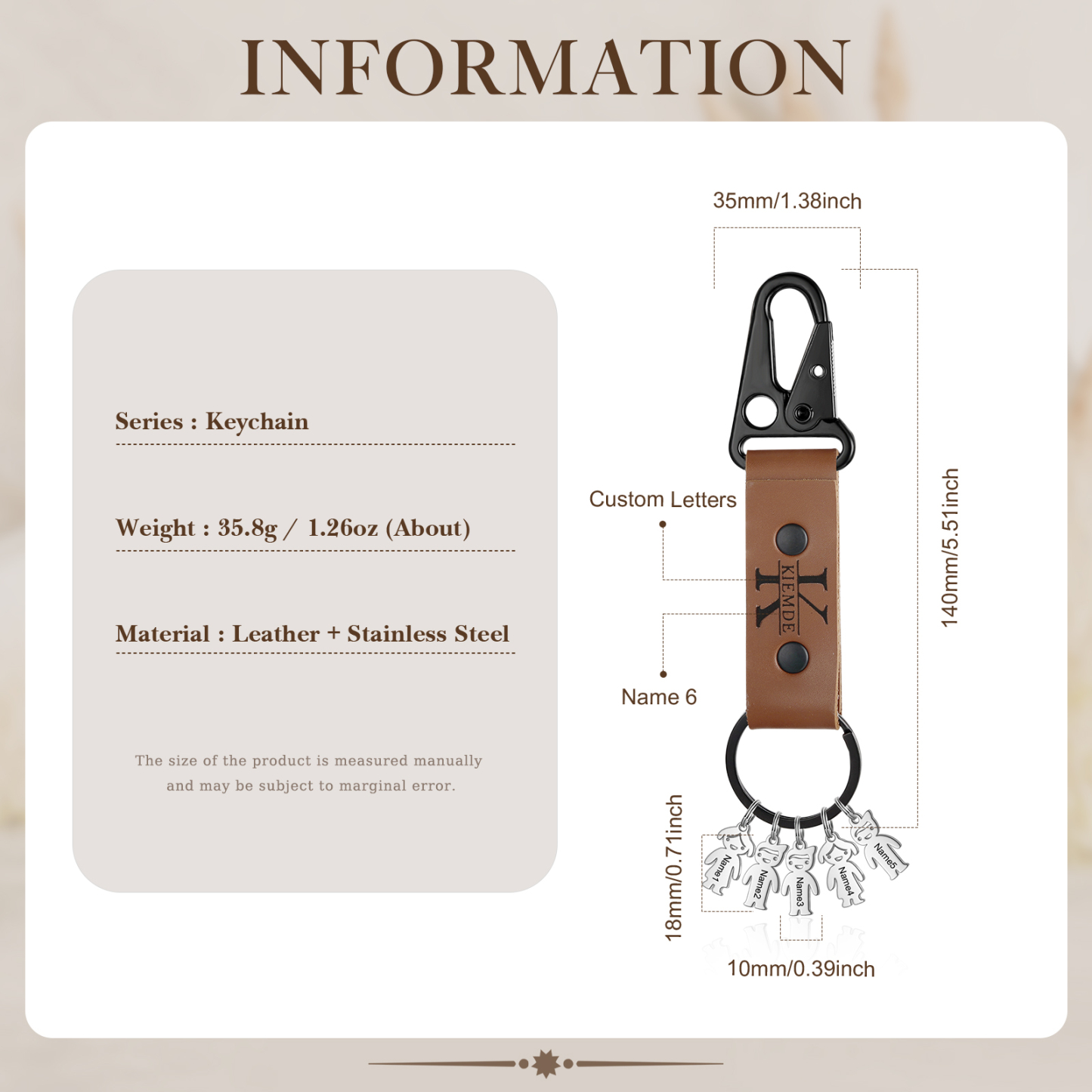 6 Names - Personalised Kids Charms Keychain Customized 6 Names & 1 Letter Leather Keychain Gift for Grandad