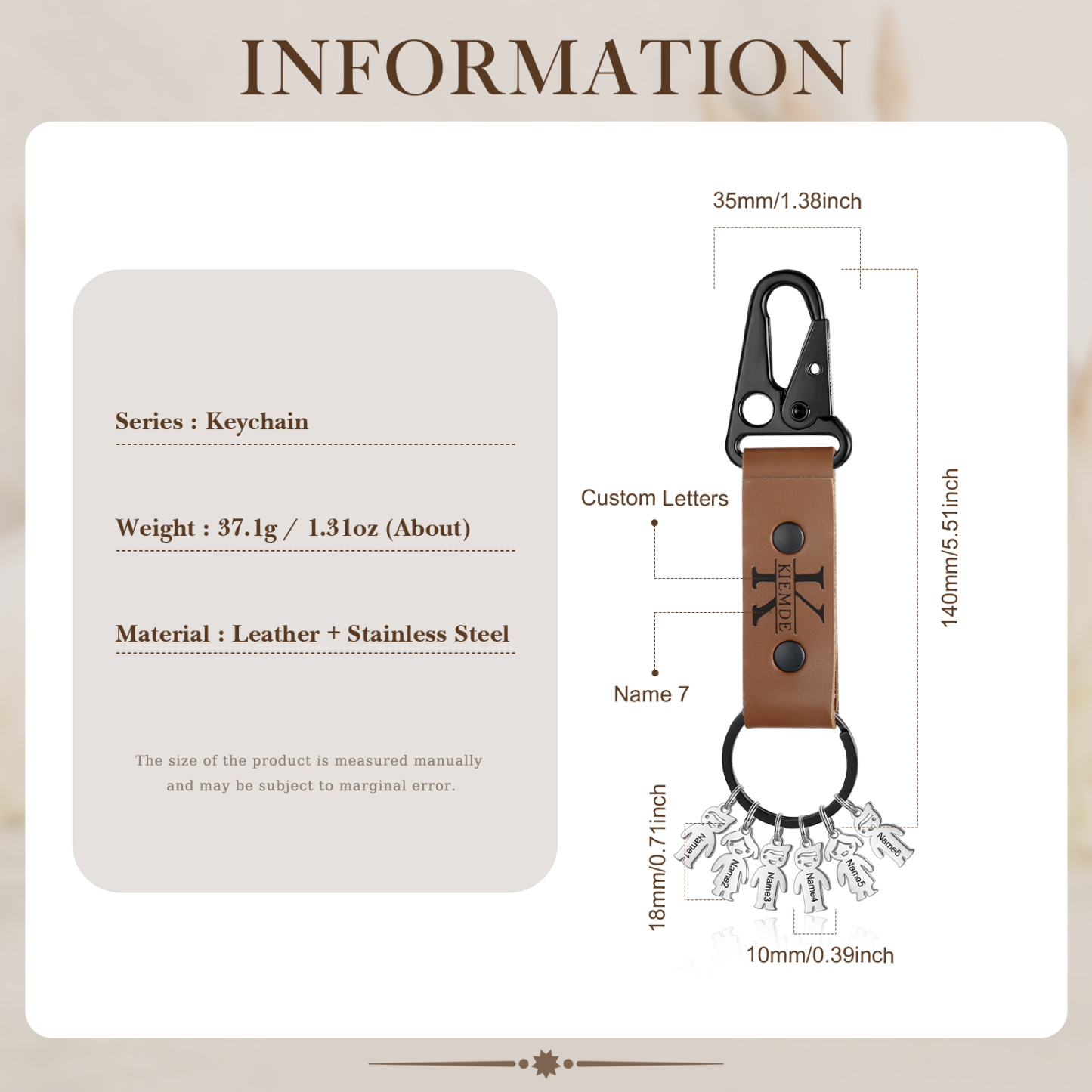 7 Names - Personalised Kids Charms Keychain Customized 7 Names & 1 Letter Leather Keychain Gift for Grandad