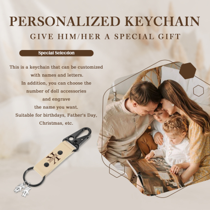 3 Names - Personalised Kids Charms Keychain Customized 3 Names & 1 Letter Leather Keychain Gift for Grandad