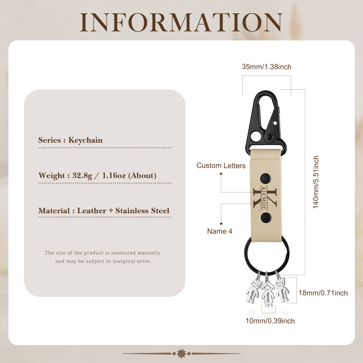 4 Names - Personalised Kids Charms Keychain Customized 4 Names & 1 Letter Leather Keychain Gift for Grandad