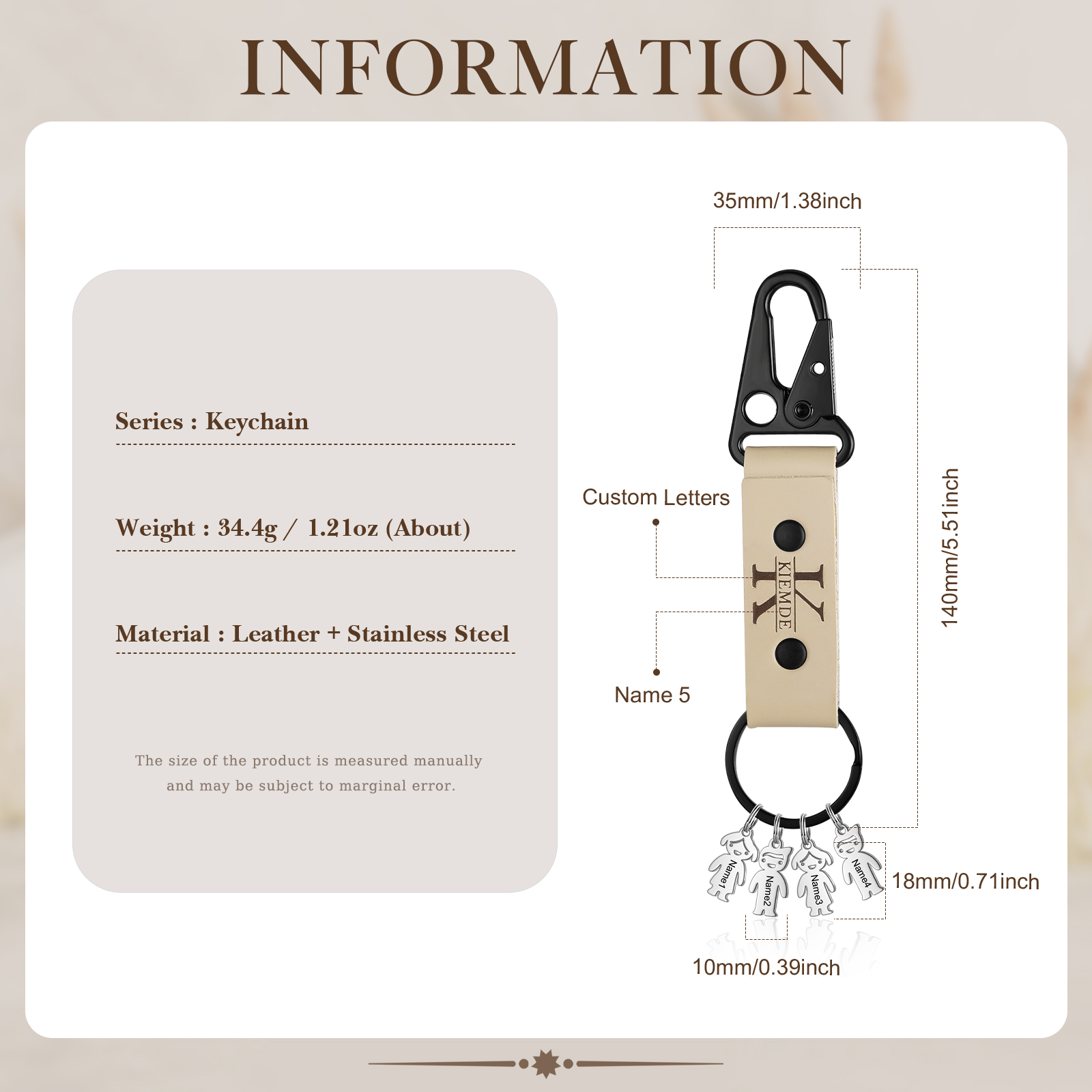 5 Names - Personalised Kids Charms Keychain Customized 5 Names & 1 Letter Leather Keychain Gift for Grandad