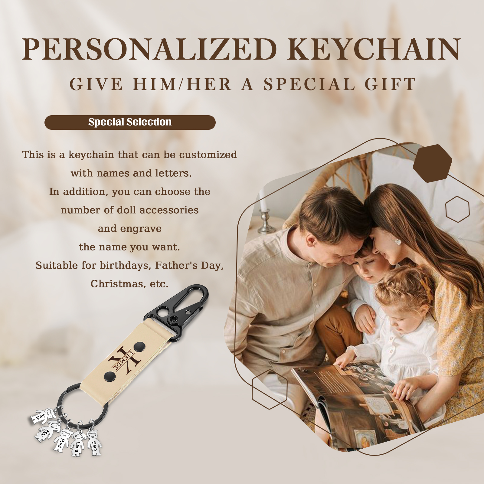 6 Names - Personalised Kids Charms Keychain Customized 6 Names & 1 Letter Leather Keychain Gift for Grandad