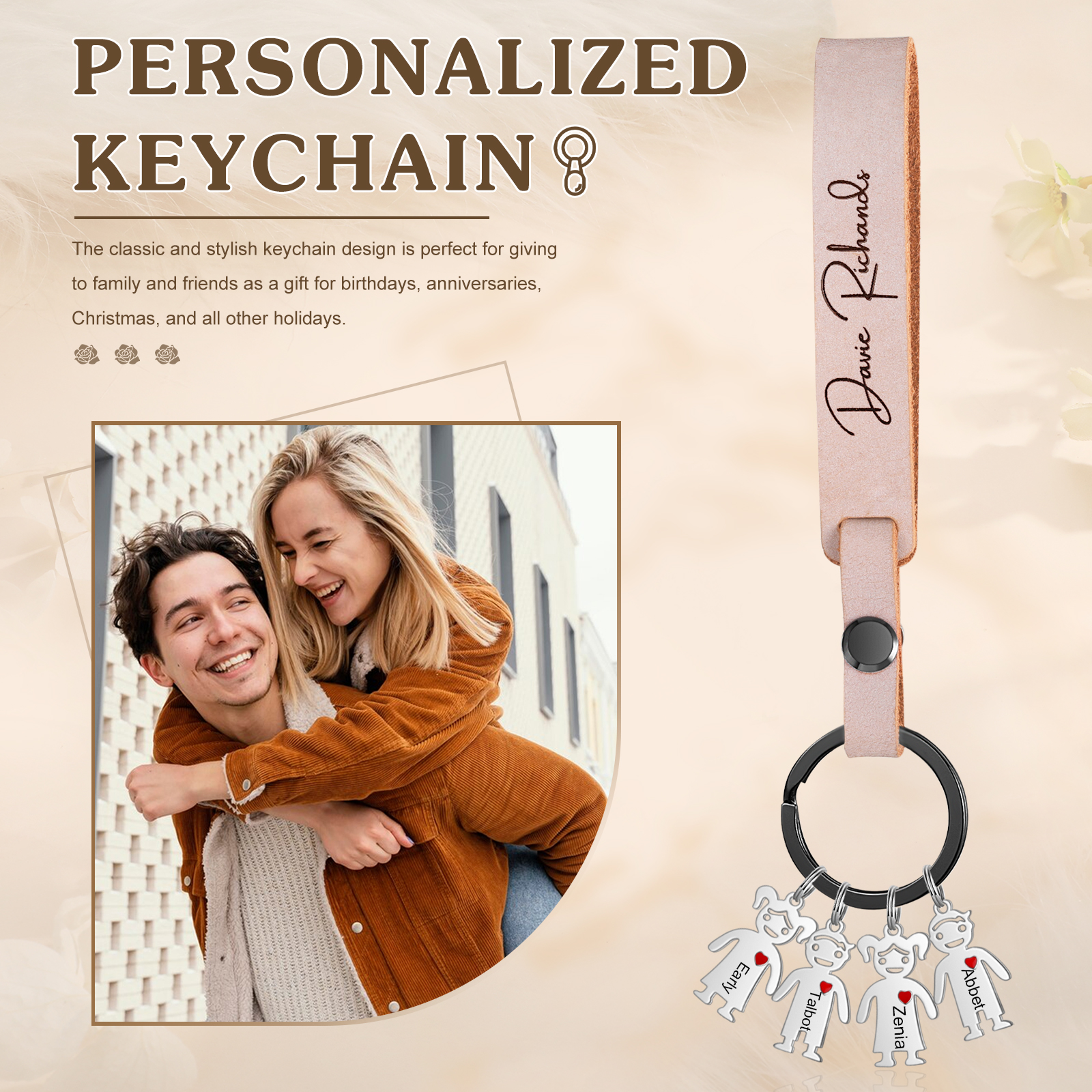 4 Names-personalized Keychain Custom 4 Doll Name and 1 Text Keychain Gift for Nana/ Mum