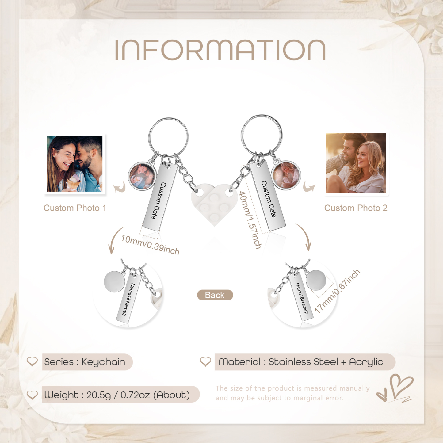 Personalised Couple Keychain Custom Double Heart Keychain with Photos and Dates for Couple | Jessmade
