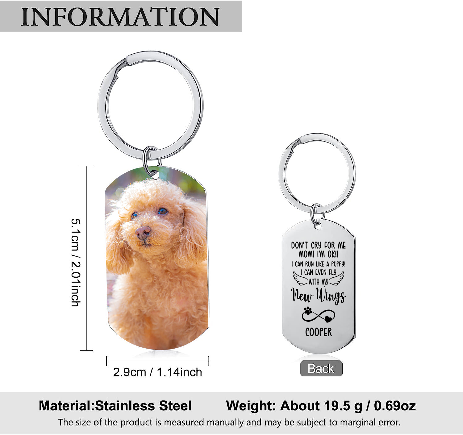 Personalized Custom Dog Photo and Name Stainless Steel Keychain - Don't Cry Mom, I Got New Wings