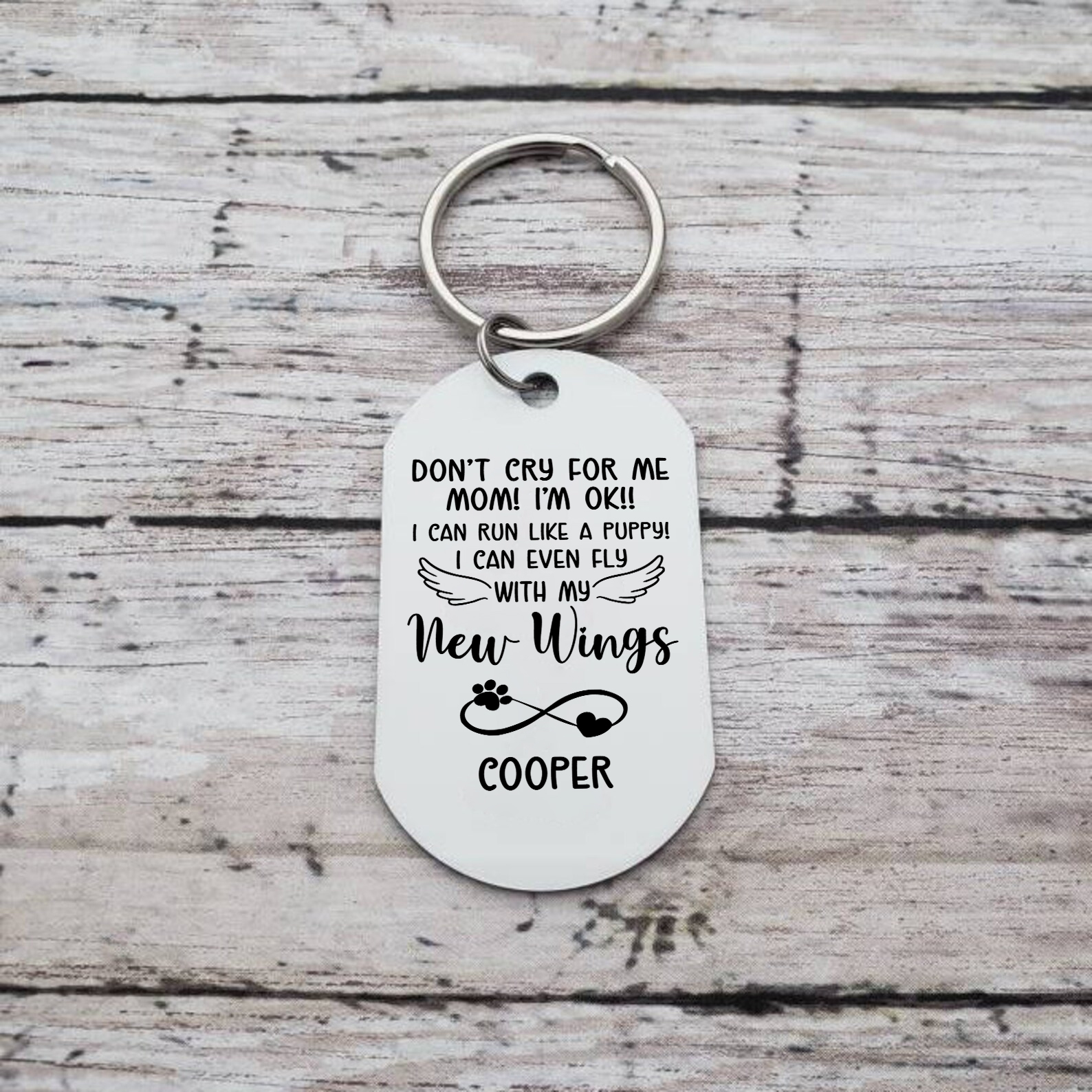 Personalized Custom Dog Photo and Name Stainless Steel Keychain - Don't Cry Mom, I Got New Wings