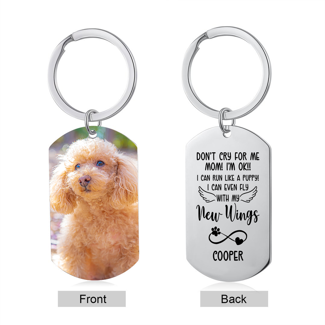 Personalized Custom Dog Photo and Name Stainless Steel Keychain - Don't Cry Mom, I Got New Wings