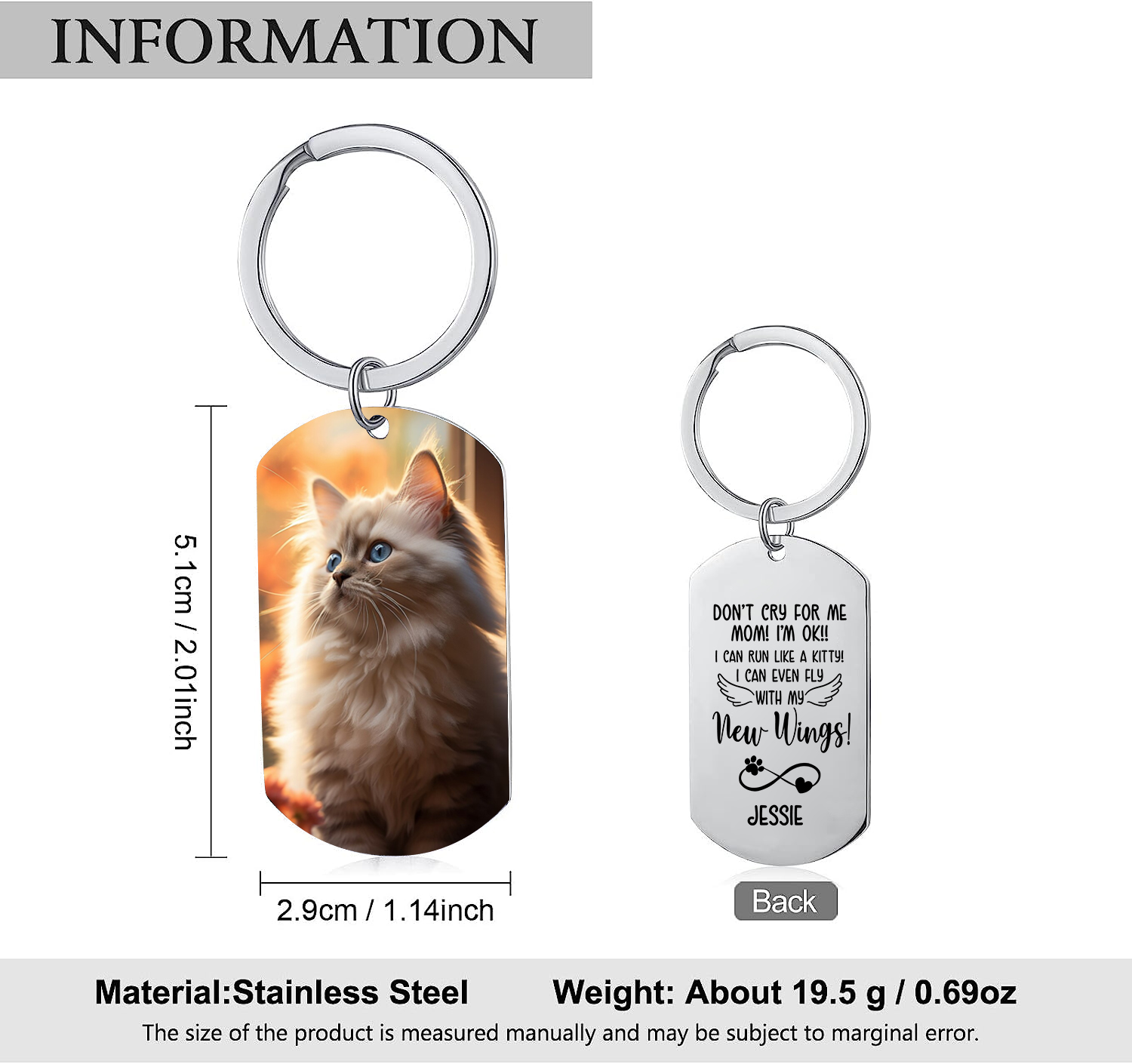 Personalized Custom Dog Photo and Name Stainless Steel Keychain -Don't Cry For Me Mom!  I'm Ok