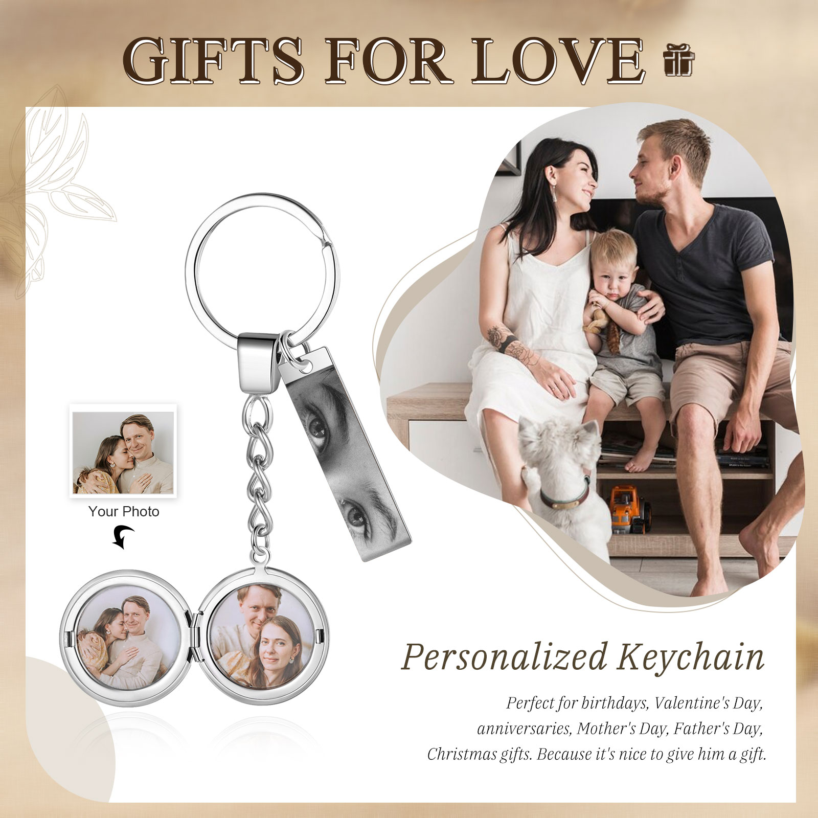 Personalised Eye Keyring with Custom 3 Photos Heart Charms Christmas Gift for Him | Jessemade