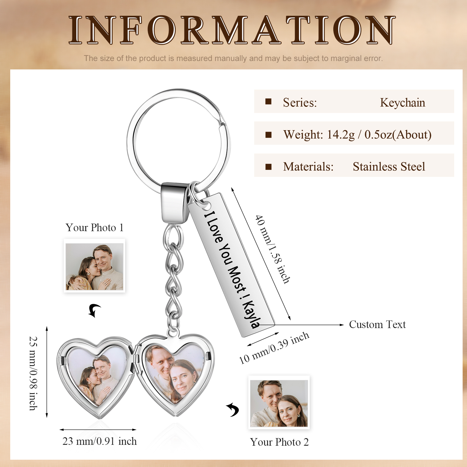 Personalised Eye Keyring with Custom 2 Photos & 1 Text Heart Charms Christmas Gift for Him | Jessemade