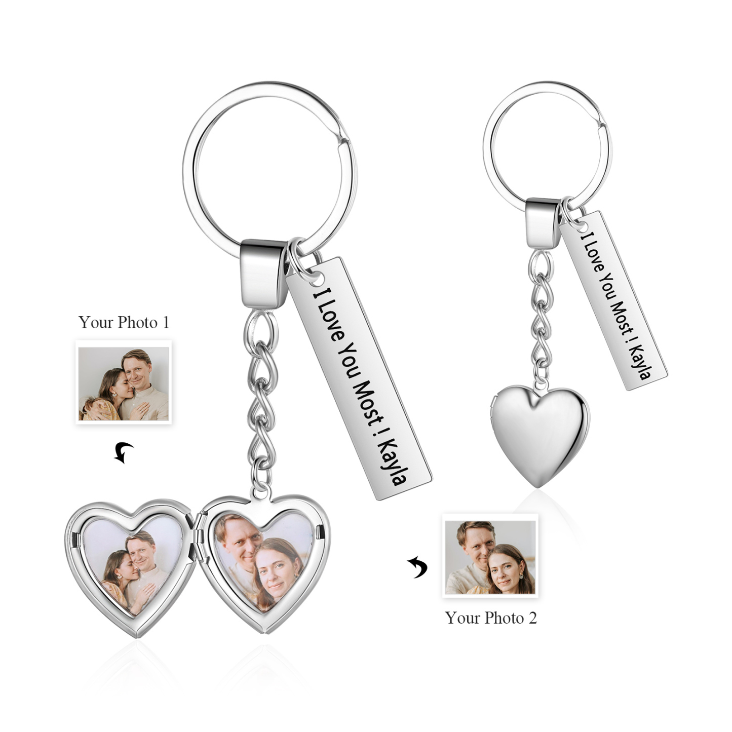 Personalised Eye Keyring with Custom 2 Photos & 1 Text Heart Charms Christmas Gift for Him | Jessemade