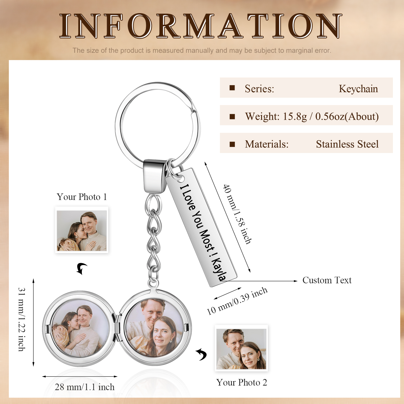 Personalised Eye Keyring with Custom 2 Photos & 1 Text Heart Charms Christmas Gift for Him | Jessemade