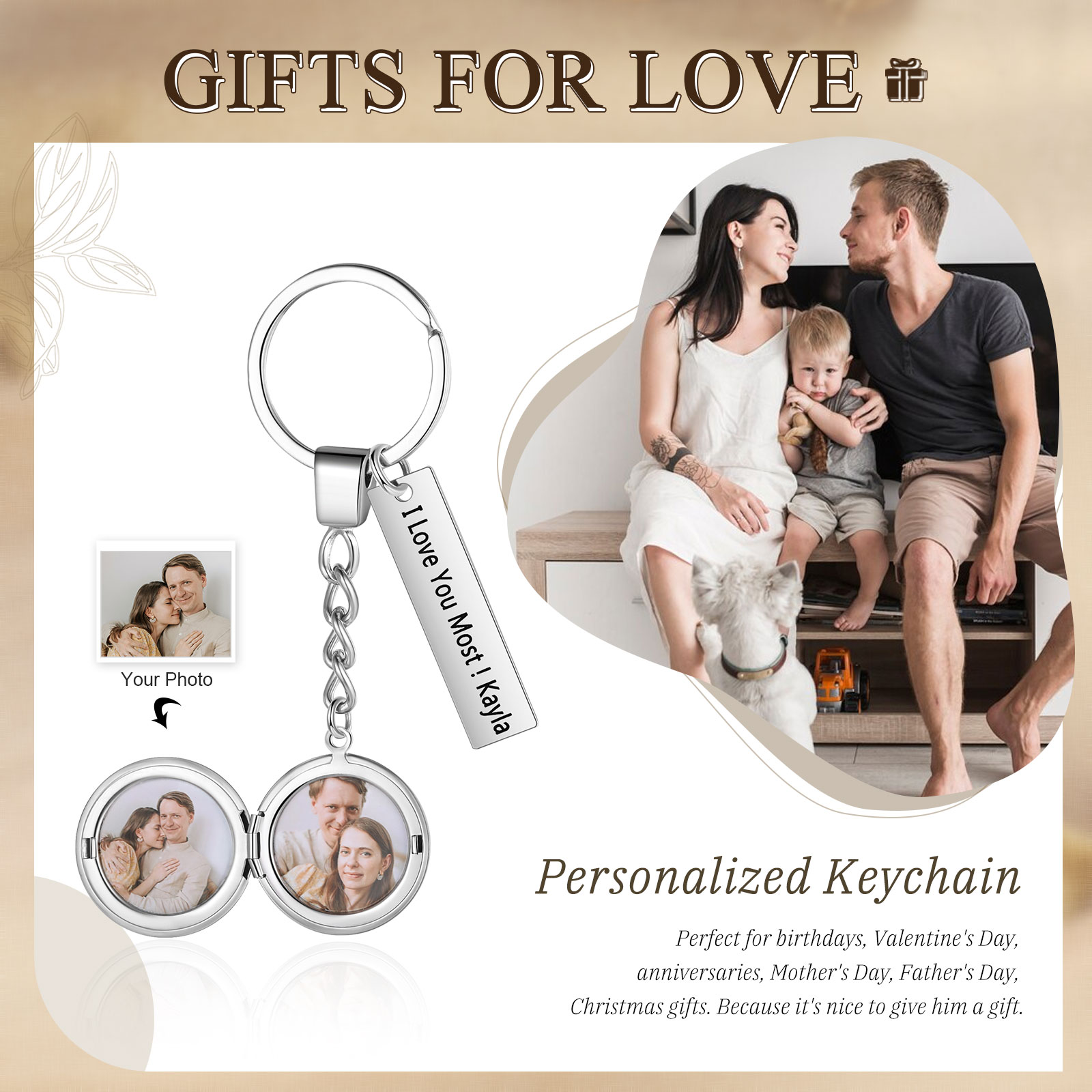 Personalised Eye Keyring with Custom 2 Photos & 1 Text Heart Charms Christmas Gift for Him | Jessemade