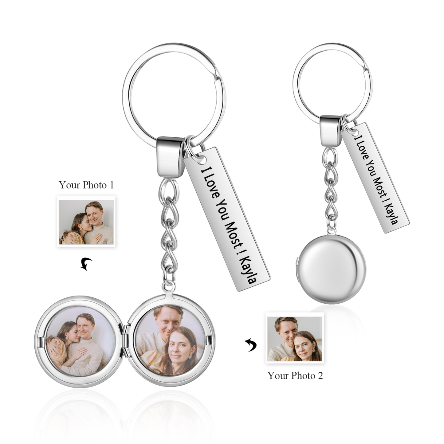Personalised Eye Keyring with Custom 2 Photos & 1 Text Heart Charms Christmas Gift for Him | Jessemade
