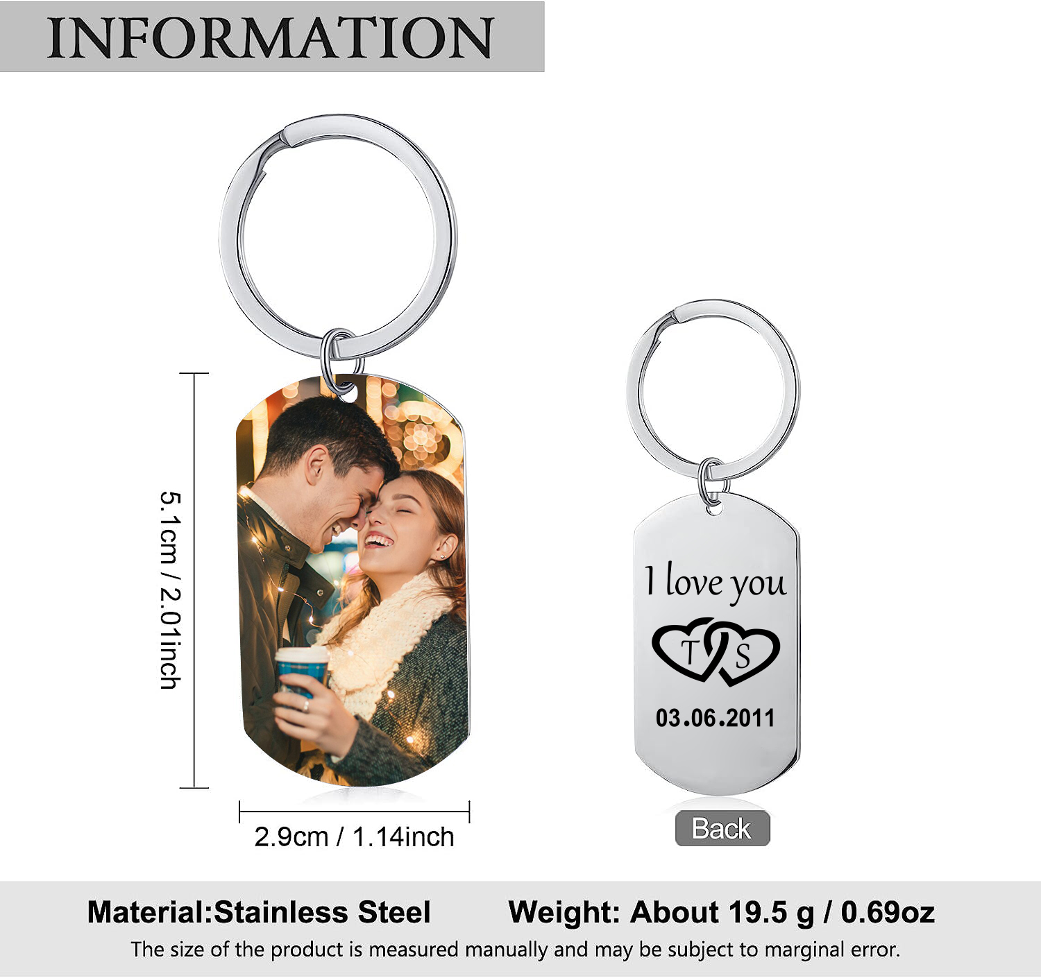 Personalized Lovers Stainless Steel Keychain – Customizable with 2 Letters & Foto & Date & 1 Text Keepsake Gift for Couple| Jessmade