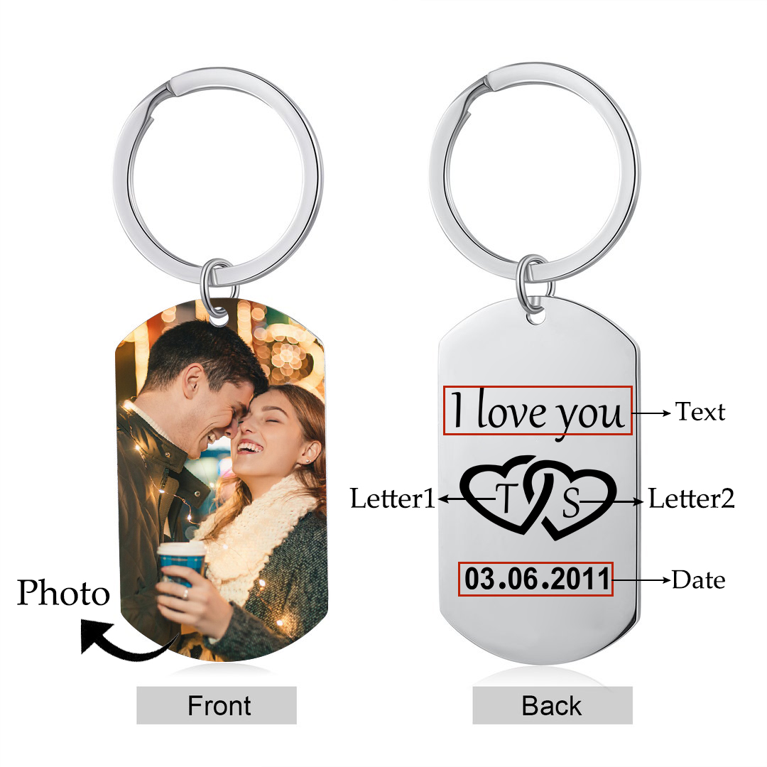 Personalized Lovers Stainless Steel Keychain – Customizable with 2 Letters & Foto & Date & 1 Text Keepsake Gift for Couple| Jessmade