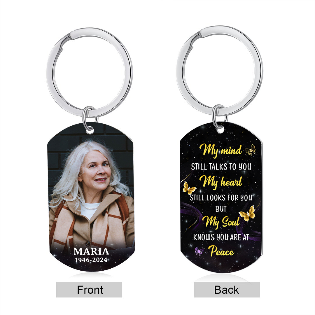 Personalized Memorial Keychain With Custom Photo, Name & Date Keychain– "My soul knows you are at peace"