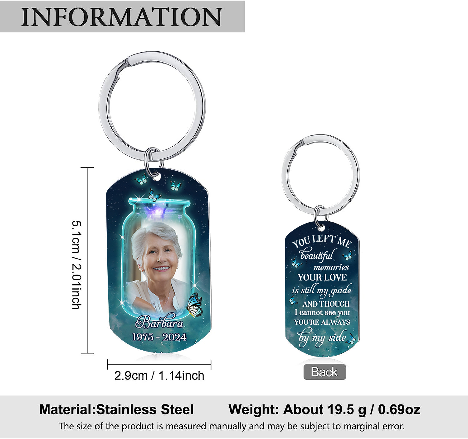 Personalized Memorial Keychain With Custom Photo & Name & Year Keychain - "You left me beautiful memories"