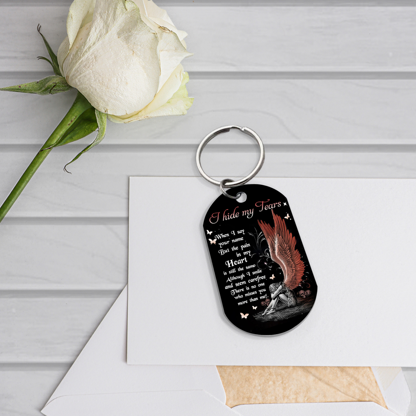 Personalized Angel Wings Memorial Keychain Tribute Gift for Remembering Loved Ones – "I hide my tears when I say your name" 
