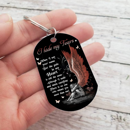 Personalized Angel Wings Memorial Keychain Tribute Gift for Remembering Loved Ones – "I hide my tears when I say your name" 