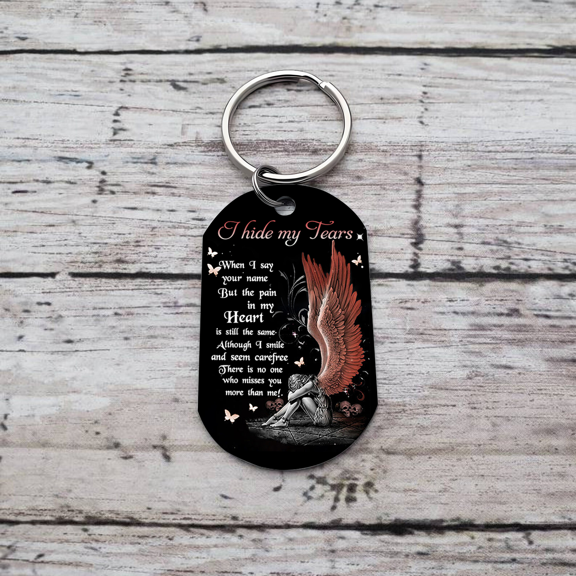 Personalized Angel Wings Memorial Keychain Tribute Gift for Remembering Loved Ones – "I hide my tears when I say your name" 