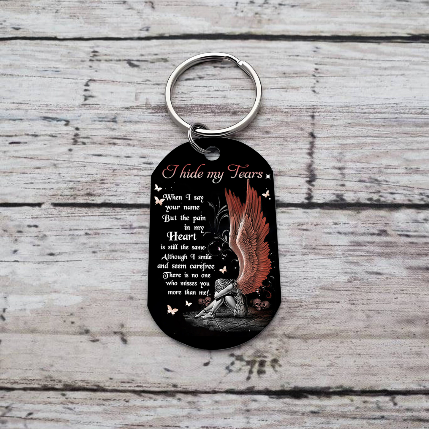 Personalized Angel Wings Memorial Keychain Tribute Gift for Remembering Loved Ones – "I hide my tears when I say your name" 