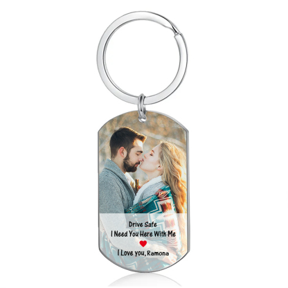 “Drive Safe, I Need You Here With Me”-Personalised Couple Keychain – Custom Name and Photo Stainless Steel Keychain Gift for Him | Jessemade