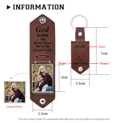 Personalised Leather Couple Keyring with Custom Photo and 2 Names & Date "God Bless The Broken Road" Gift for Him | Jessmade