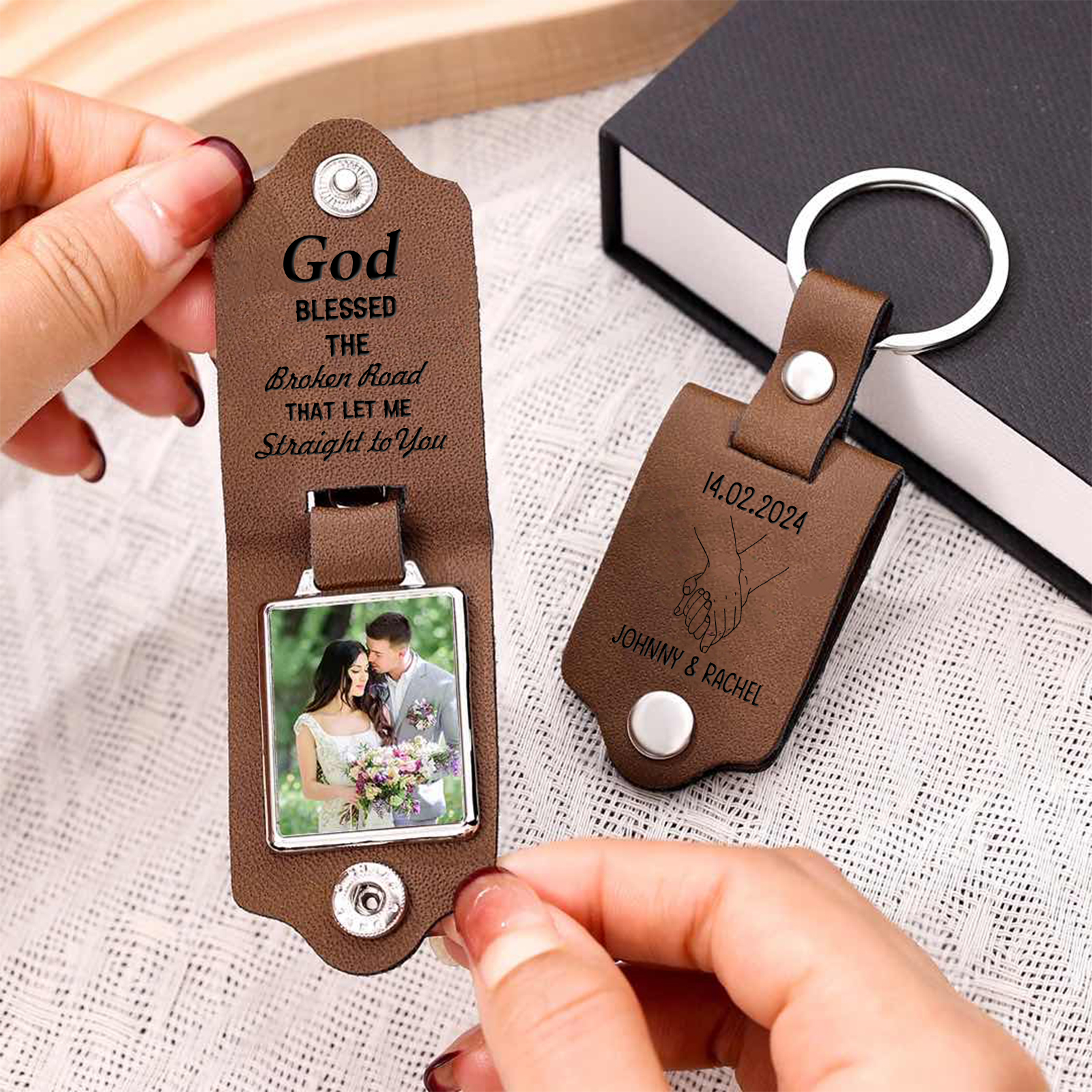 Personalised Leather Couple Keyring with Custom Photo and 2 Names & Date "God Bless The Broken Road" Gift for Him | Jessmade