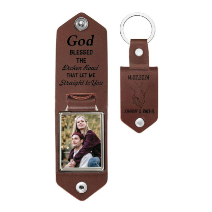 Personalised Leather Couple Keyring with Custom Photo and 2 Names & Date "God Bless The Broken Road" Gift for Him | Jessmade