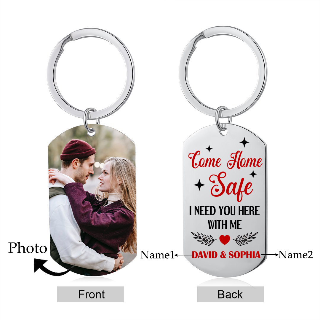 Personalised Stainless Steel Couples Keyring with Custom Photo & 2 Names Christmas Gift for Him | Jessemade
